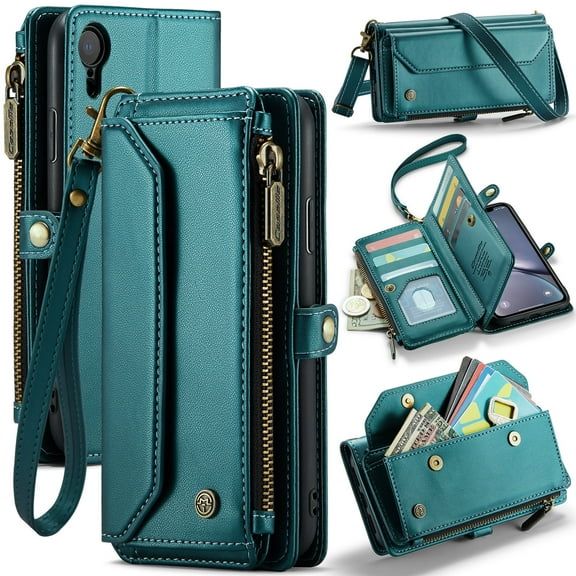 Crossbody for iPhone XR Case Wallet【RFID Blocking】with 10-Card Holder Zipper Bills Slot, Soft PU Leather Magnetic Shoulder Wrist Strap for iPhone XR Wallet Case Women