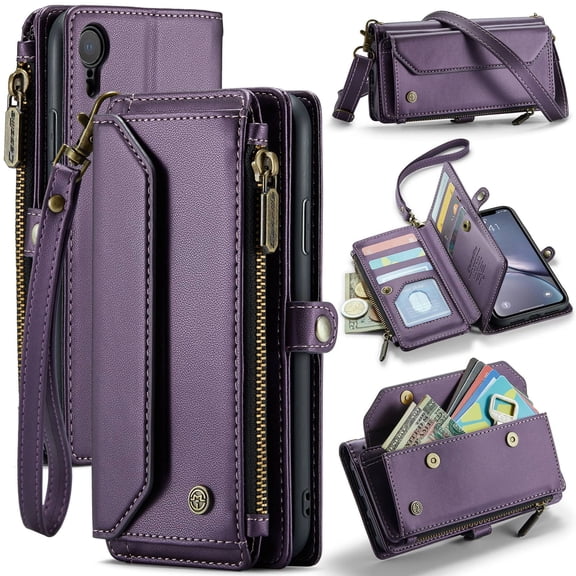 Crossbody for iPhone XR Case Wallet【RFID Blocking】with 10-Card Holder Zipper Bills Slot, Soft PU Leather Magnetic Shoulder Wrist Strap for iPhone XR Wallet Case Women