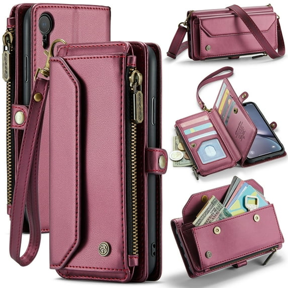 Crossbody for iPhone XR Case Wallet【RFID Blocking】with 10-Card Holder Zipper Bills Slot, Soft PU Leather Magnetic Shoulder Wrist Strap for iPhone XR Wallet Case Women