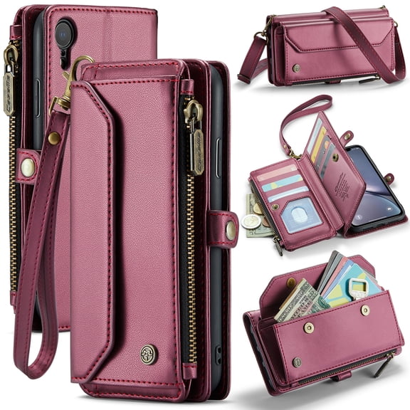 Crossbody for iPhone XR Case Wallet【RFID Blocking】with 10-Card Holder Zipper Bills Slot, Soft PU Leather Magnetic Shoulder Wrist Strap for iPhone XR Wallet Case Women