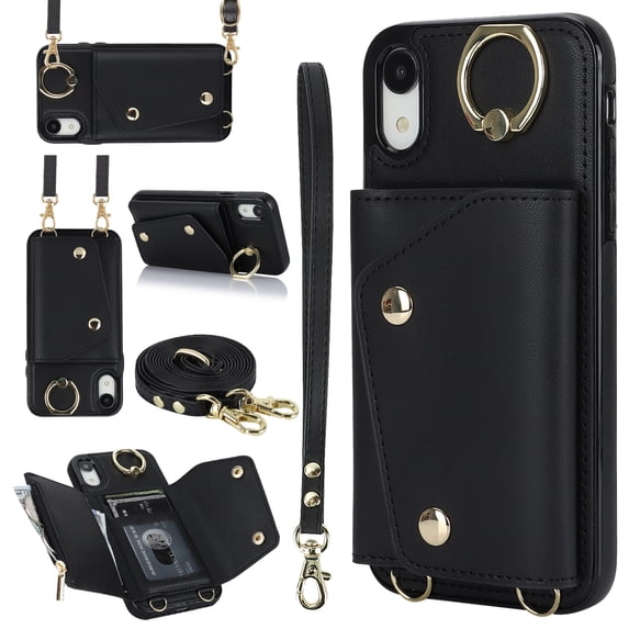 Crossbody for iPhone XR Phone Case for Women, Wallet Case with Credit Card Holder Shoulder Strap & Wrist Lanyard Shockproof Purse Back Flip 360 Ring Holder Kickstand Case,Black