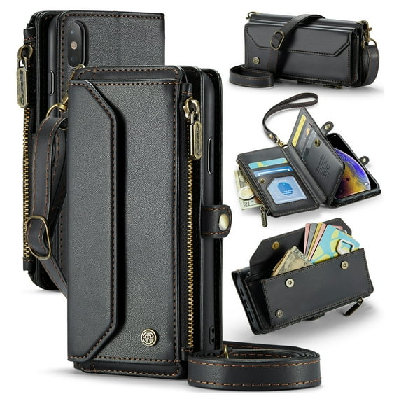 Crossbody for iPhone XS Max Case Wallet【RFID Blocking】with 10-Card Holder Zipper Bills Slot, Soft PU Leather Magnetic Shoulder Wrist Strap for iPhone XS Max Wallet Case Women, Black