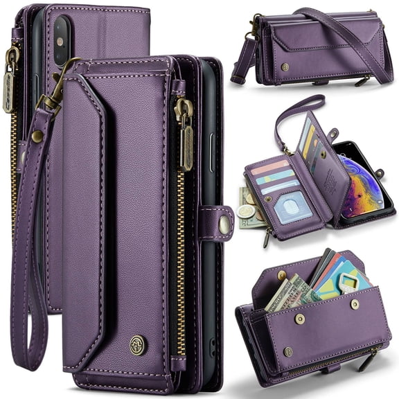 Crossbody for iPhone XS Max Case Wallet【RFID Blocking】with 10-Card Holder Zipper Bills Slot, Soft PU Leather Magnetic Shoulder Wrist Strap for iPhone XS Max Wallet Case Women