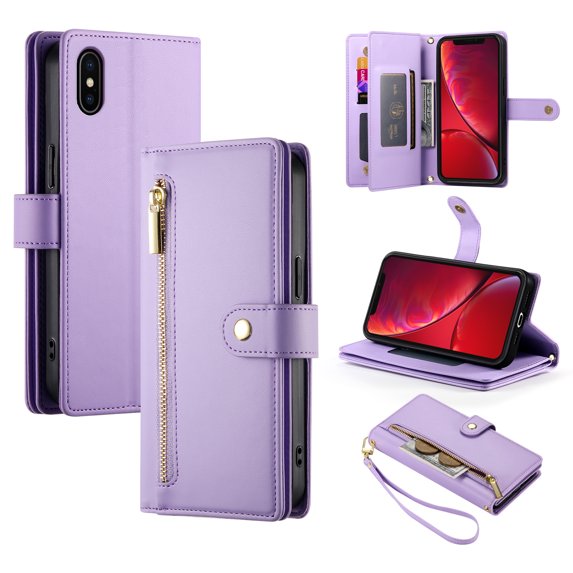 Crossbody for iPhone XS / iPhone X Phone Case Wallet with Card Slots Zipper Pocket, PU Leather Magnetic Shoulder Strap Purse Cover with Flip Kickstand for iPhone XS / iPhone X Women Girls, Purple