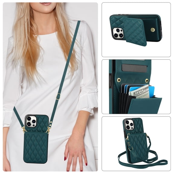 Crossbody leather wallet phone case suitable for iPhone 14Promax, lanyard and kickstand card Solt.