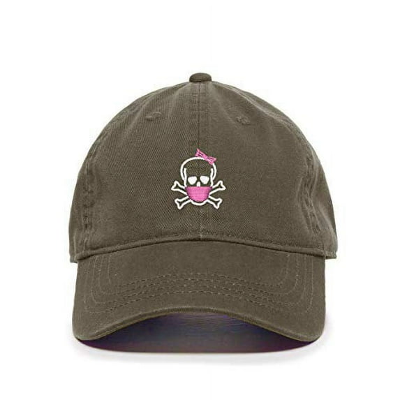 Crossbones Lady Skull with Mask Baseball Cap Embroidered Cotton Adjustable Dad Hat Olive