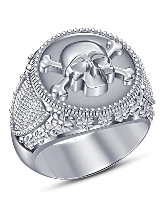 Crossbones Skull Men Ring for Halloween Special Round Cut Black Diamond 925 Sterling Silver With 14K Black Gold Over