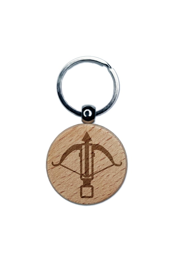 Crossbow Archer Ranged Weapon Round Keychain Charm Tag - Engraved Wood