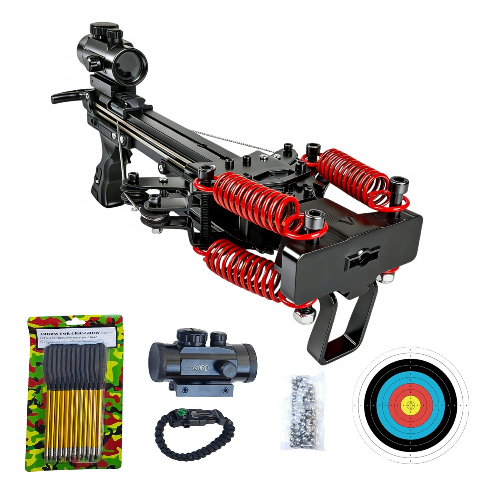 Adjustable Tactical Crossbow for Adults | Complete Kit with Arrows, Steel Balls, Target & Paracord Bracelet