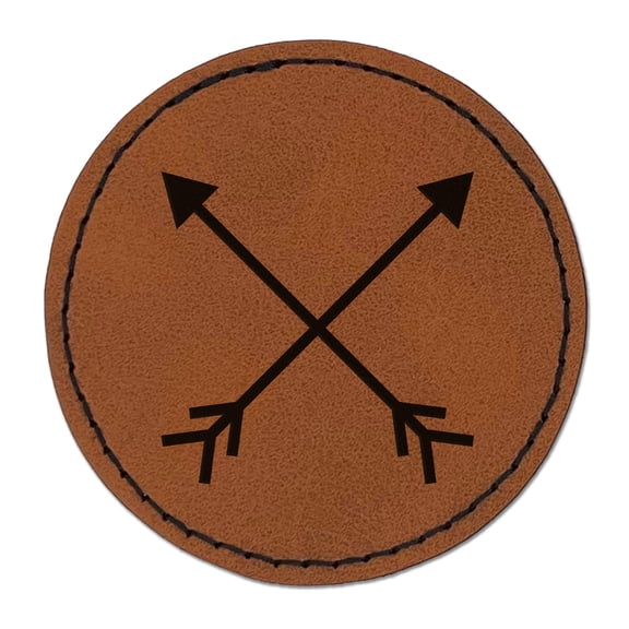 Crossed Arrows 2.5" Faux Leather Round Engraved Iron-On Patch - Brown