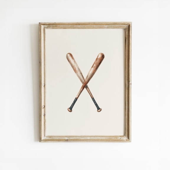 Crossed Baseball Bats Print - Vintage Nursery or Sports Room Decor, Stretched Canvas 16x20in