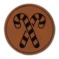 thumbnail image 1 of Crossed Candy Canes Christmas 2.5" Faux Leather Round Engraved Iron-On Patch - Brown, 1 of 6