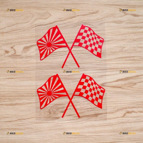 Crossed Checkered Flag Japanese Rising Sun Sticker Decal Vinyl JDM - 2 Pack Red 6" - For Car Boat Laptop Cup No Background Die-cut
