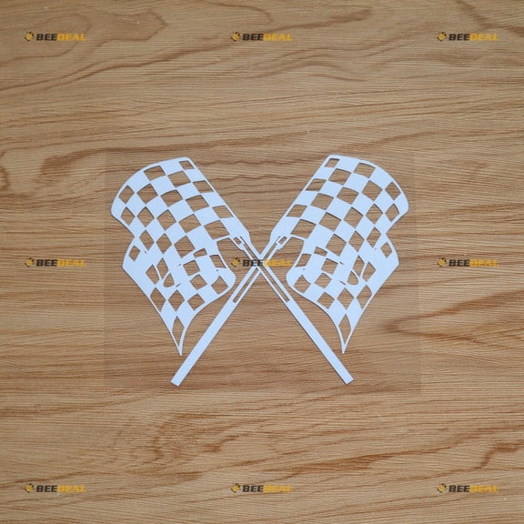 Crossed Checkered Flag Sticker Decal Vinyl Waving - White 6" - For Car Boat Laptop Cup No Background Die-cut