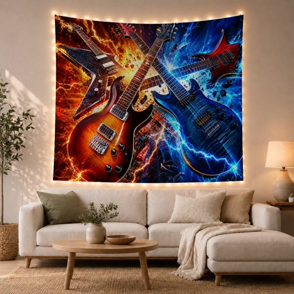 Crossed Electric Guitars in Fiery Lightning Energy, Dramatic Psychedelic for Music Lovers, Electric Rock Wall Art, Housewarming Gift Tapestry Wall Hanging for Living Room and Dorm