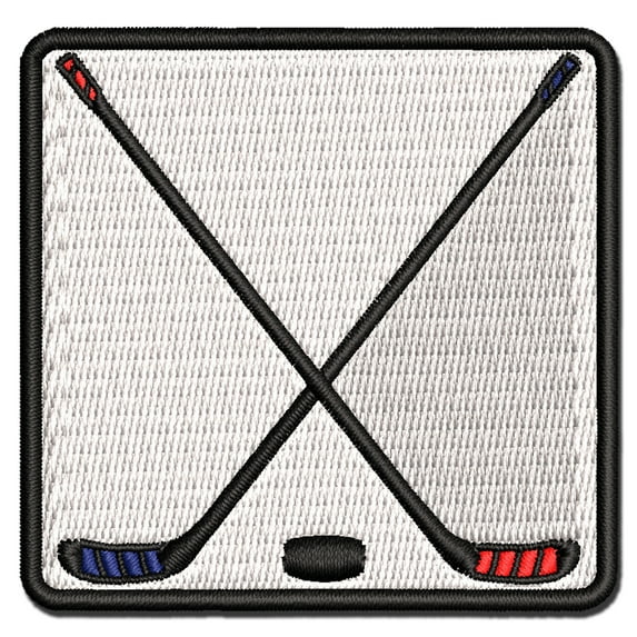 Crossed Hockey Sticks with Puck Applique Multi-Color Embroidered Hook & Loop Patch - 2.5 Inch Small