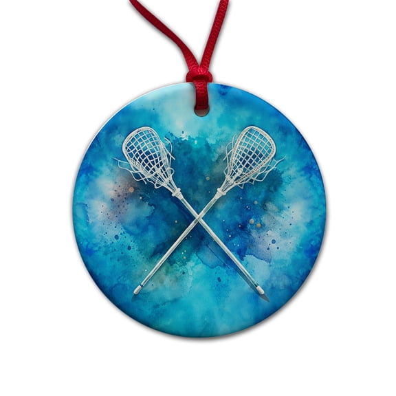Crossed Lacrosse Sticks On Blue Background Christmas Tree Holiday Round Ceramic Ornament
