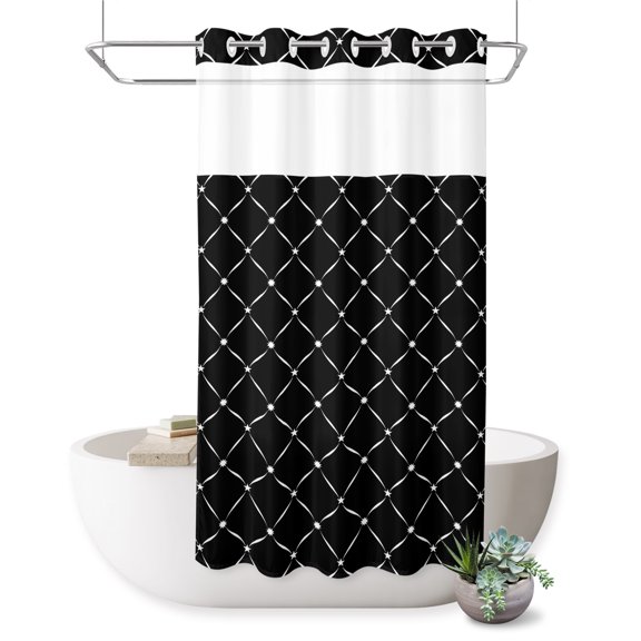 Crossed Lines No Hook Shower Curtain Modern Minimalist Black White Star Grid Gingham Shower Curtain with See Through Top Window, Waterproof Washable Fabric Curtain for Bathroom Hotel Decor, 36Wx72L
