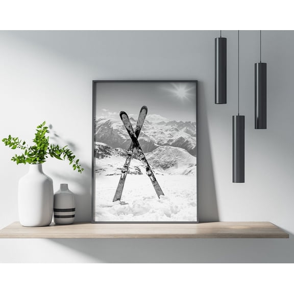Crossed Skis Black and White Winter Sports Wall Art, Unframed Paper Poster 8x10in