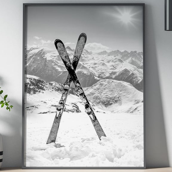 Crossed Skis Poster: Black & White Winter Sports Wall Art, Unframed Paper Poster 8x10in