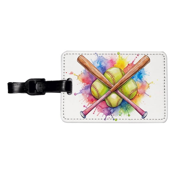 Crossed Softball Bats And Balls Watercolor Faux Leather Travel Luggage Tag
