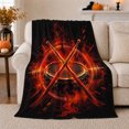 thumbnail image 1 of Crossed drumsticks snare fire black red Flannel Blanket for bedroom music room studio living room percussion Home Decor fiery soundwave rhythm art Gift for drummers, 1 of 9