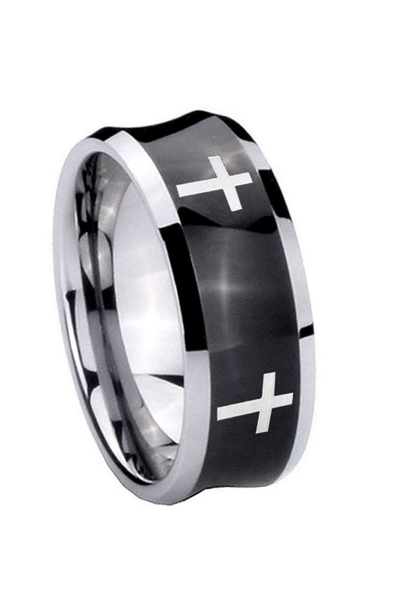 Crosses Concave Black Tungsten Men Ring 10MM