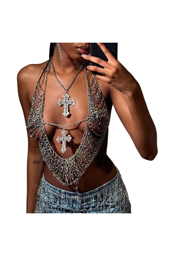 Crosses Pendant Body Chain with Rhinestones Accents Halterneck Chest Chain Crop Top for Woman Body Jewelry Accessories