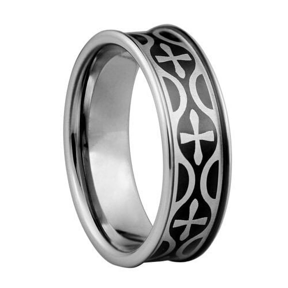 Crosses crafted with Laser on Tungsten ring with 18K black IP plating - 8mm wide - many sizes available - 11