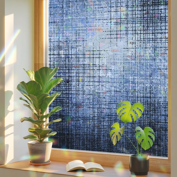 Crosshatch Grid Window Privacy Film, Abstract Industrial Rustic Blue Distressed Lines Static Cling Stained Glass Window Sticker Decorative Removable Rainbow Film for Glass 19.6”x39.3”