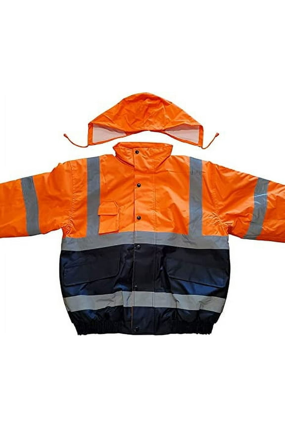 Crossing Guard Reflective Safety Jacket Hideaway Hood Coat Neon Orange (LARGE)