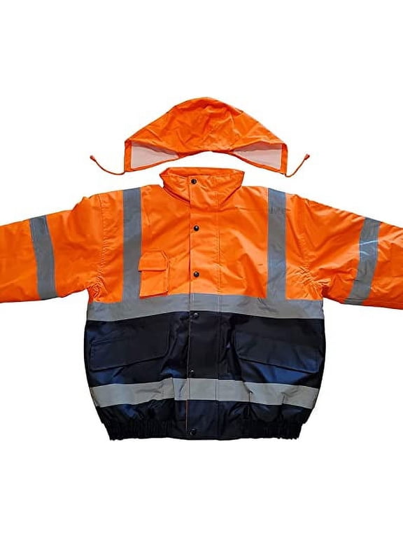 Crossing Guard Reflective Safety Jacket Hideaway Hood Coat Neon Orange (LARGE)