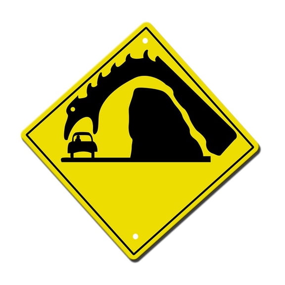 Crossing Sign Humor Dinosaur Behind Rocks Attacks Car Size: 12 inch x 12 inch