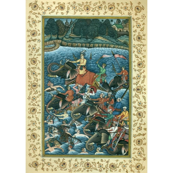 Crossing the River - Persian Miniature Embellished with Real Gold - From the Akbarnama - Artist Navr