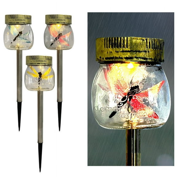 Crosslight 3-Pack Glass Dragonfly in a Jar Stake Lights - Solar Waterproof Garden Decor