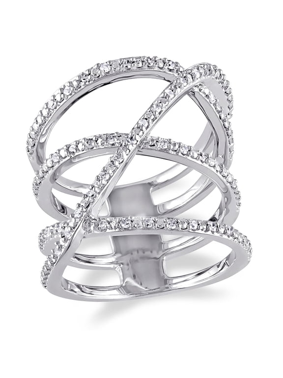 Crossover Band Ring, Four Row Wrap Ring, Women's Partywear Cocktail Ring, 2.3 Ct Simulated Diamond, 14K White Gold Plated, Anniversary Gift Ring