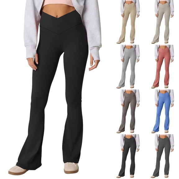 Crossover Flare Leggings - High Waist V Cross Bootcut Bell Bottoms Yoga Pants for Women Black S