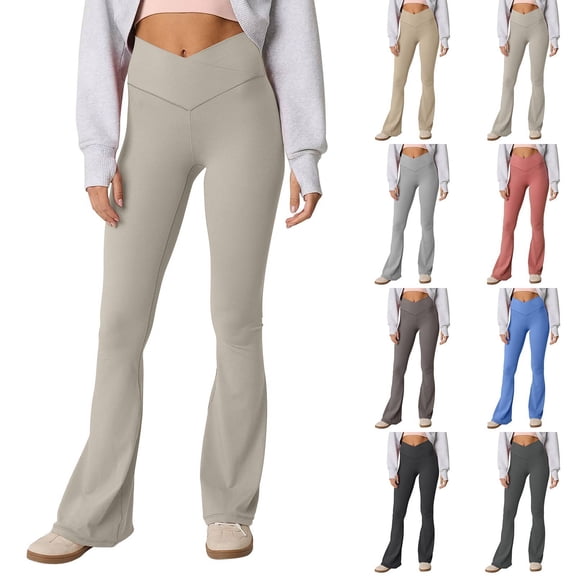 Crossover Flare Leggings - High Waist V Cross Bootcut Bell Bottoms Yoga Pants for Women Khaki XL