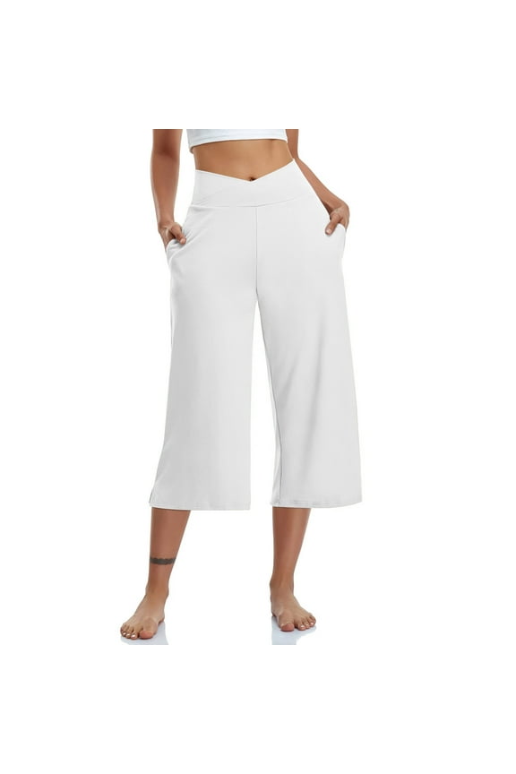 Crossover High Waist Capris for Women 2024 Summer Wide Leg Yoga Pants Loose Casual Lounge Sweatpants with Pockets