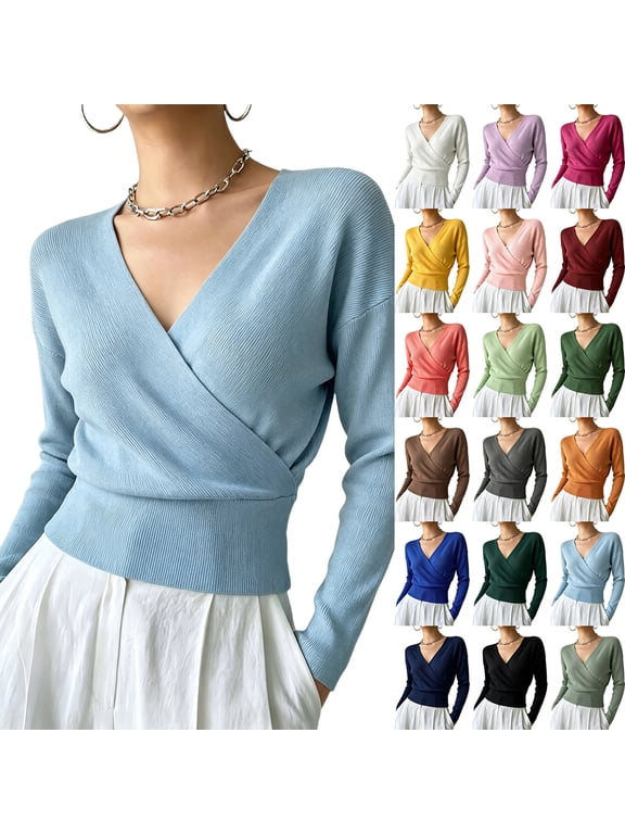 Crossover Sweater for Women Knit Long Sleeve V Neck Wrap Front Slim Fit Fitted Waist Solid Casual Dressy Pullover Top Surplice Neck Womens Wrap Sweater