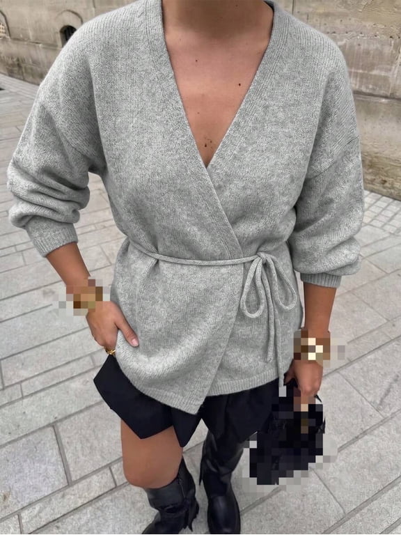Crossover V-Neck Cardigan with Tie Belt and Drop Shoulder Detail
