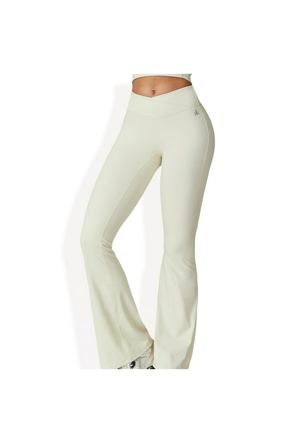 Crossover Waist Flare Leg Yoga Pants in Smooth Stretch Fabric - Large, Ivory