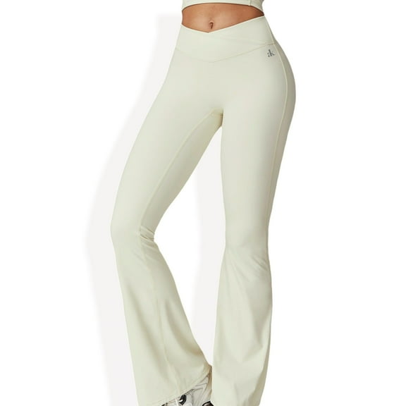 Crossover Waist Flare Leg Yoga Pants in Smooth Stretch Fabric - Medium, Ivory