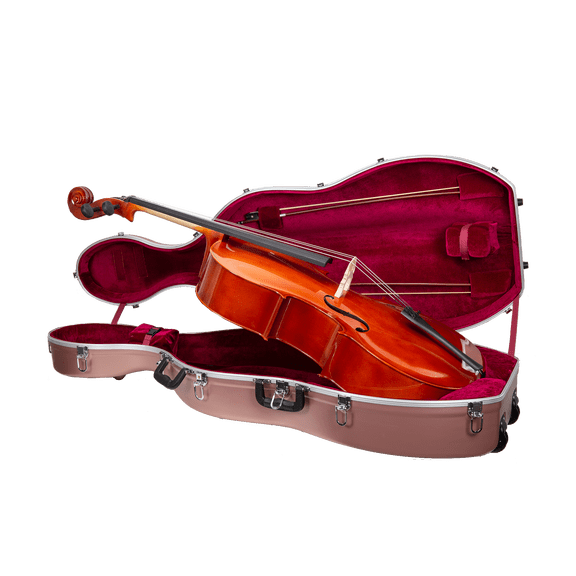 Crossrock 3/4 and 4/4 Size Cello Case | ABS Molded Hardshell with Wheels, Accessory Pocket, 2 Bow Holders, Security Lock, and Detachable Straps-Rose Gold