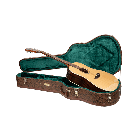 Crossrock Designer Series- Universal Wooden Case for Gibson Acoustic J45, Martin Dreadnought Guitars- Security Lock, Metal Feet, Storage Space- Blossom Brown