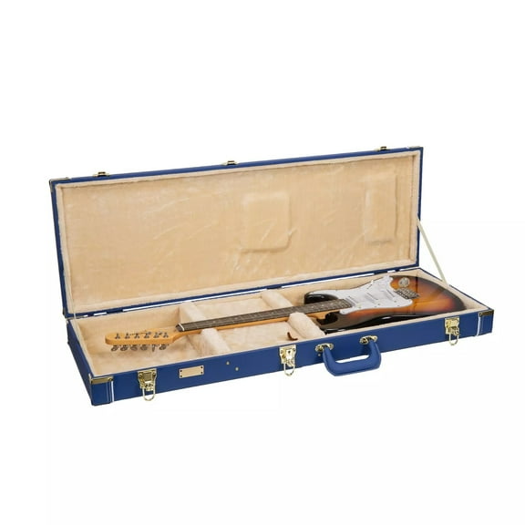 Crossrock Designer Series- Wooden Case for Fender Stratocaster and Telecaster Guitars- Security Lock, Metal Feet, Storage Space- Vibrant Blue