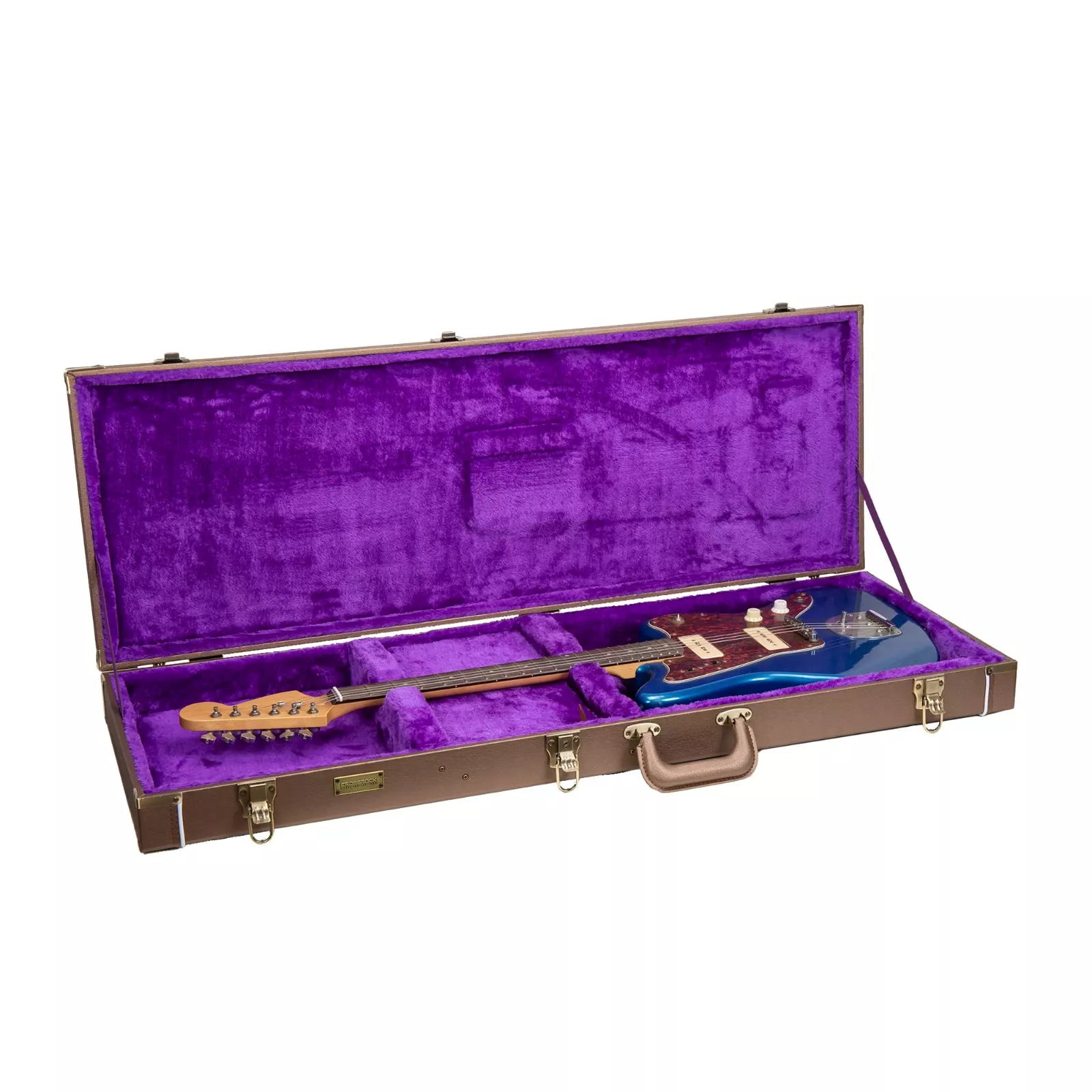 Crossrock Designer Series- Wooden Case for Jazzmaster/Jaguar Style Electric Guitars- Security Lock, Metal Feet, Storage Space- Chocolate Brown