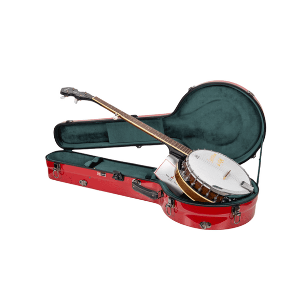 Crossrock Fiberglass Banjo Case-Fits Mastertone & Most 5-String Styles, with Interior Compartment, Backpack Straps, Hygrometer, TSA Lock-Red