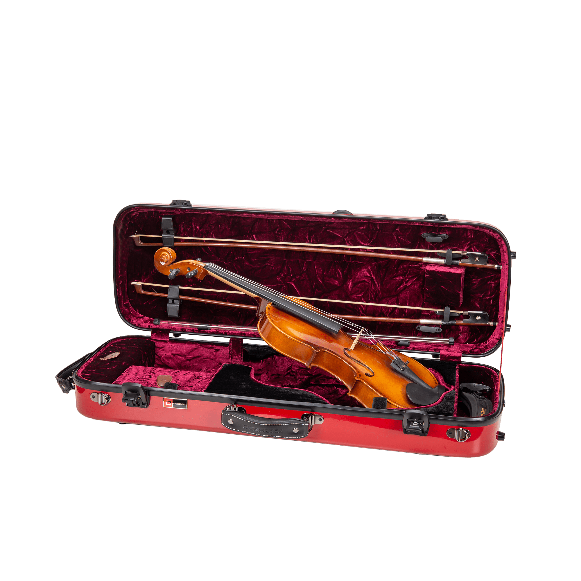 Crossrock Fiberglass Oblong Case fits 4/4 Full-Size Violin, Includes TSA lock, Protective Blanket, Hygrometer, Accessory Compartments-Red