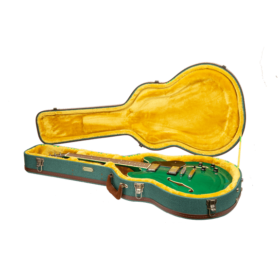 Crossrock Master Series-Wooden 335 Style 6-string Semi-Hollow Electric Guitar Case-Security Lock, Genuine Leather Handle, Reinforced Hardware, Storage Space-Malachite Blue Tweed